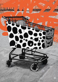 Un carrello della spesa a pois su uno sfondo grafico trasmette energia urbana.-3