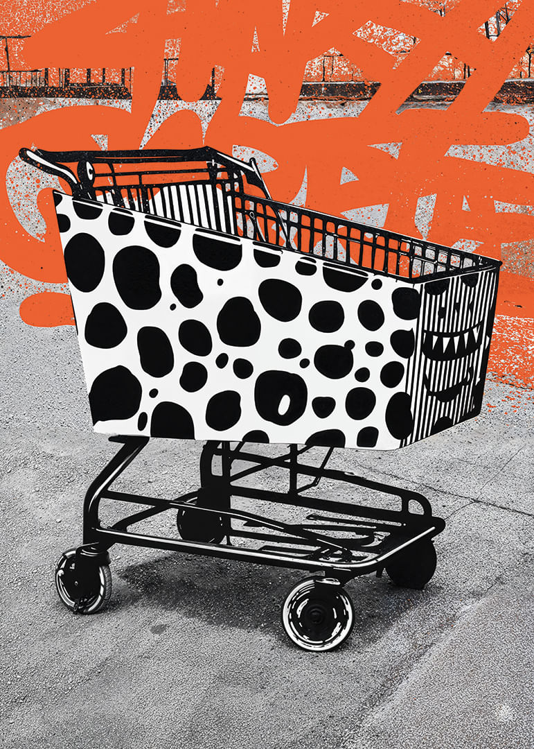 Un carrello della spesa a pois su uno sfondo grafico trasmette energia urbana.-12