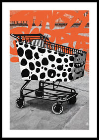 Un carrello della spesa a pois su uno sfondo grafico trasmette energia urbana.-0