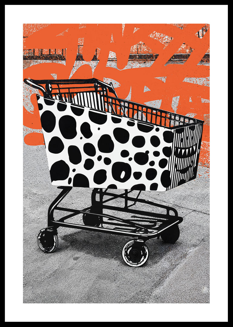 Un carrello della spesa a pois su uno sfondo grafico trasmette energia urbana.-12