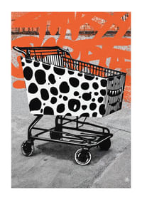 Un carrello della spesa a pois su uno sfondo grafico trasmette energia urbana.-1