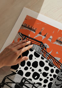 Un carrello della spesa a pois su uno sfondo grafico trasmette energia urbana.-5