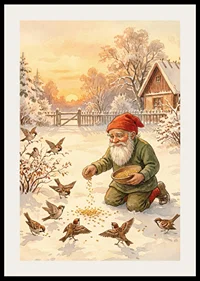 Tomten matar fåglar i ett snötäckt vinterlandskap-2