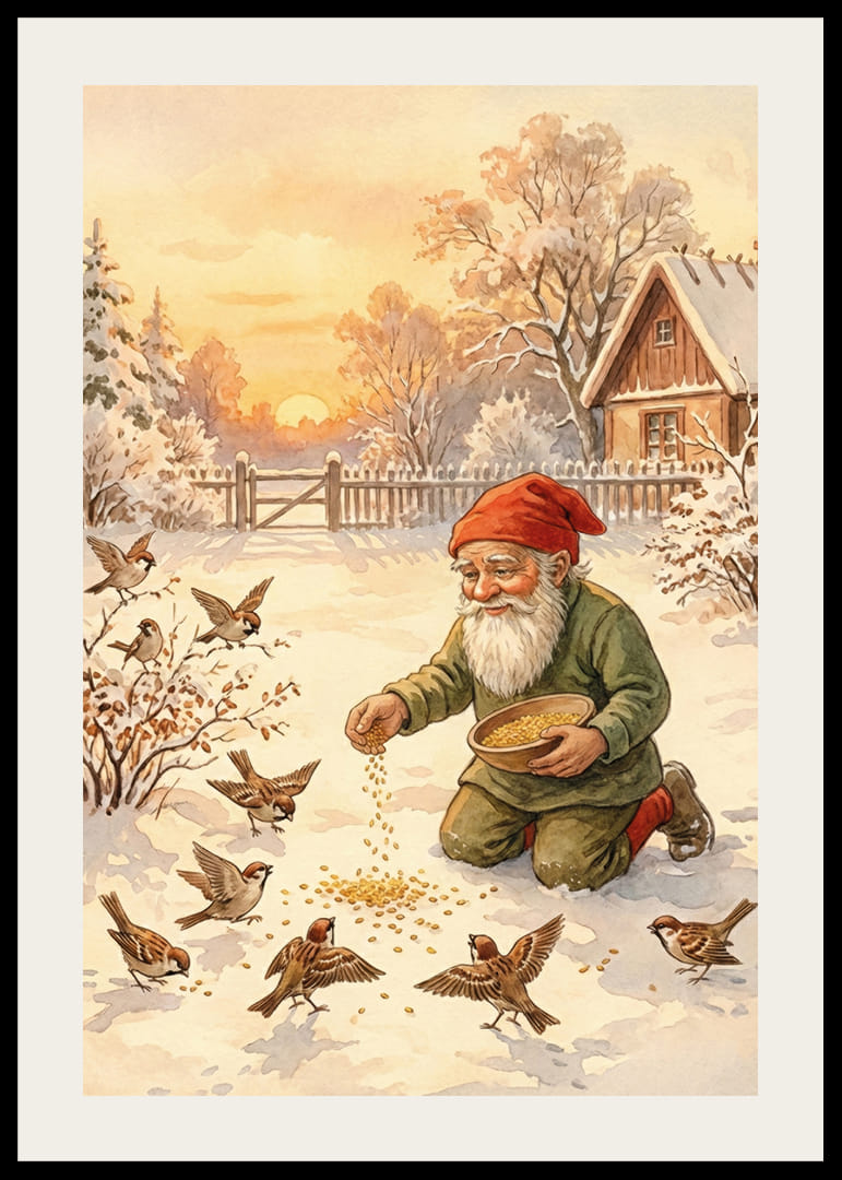 Moș Crăciun hrănește păsările într-un peisaj de iarnă acoperit de zăpadă-12