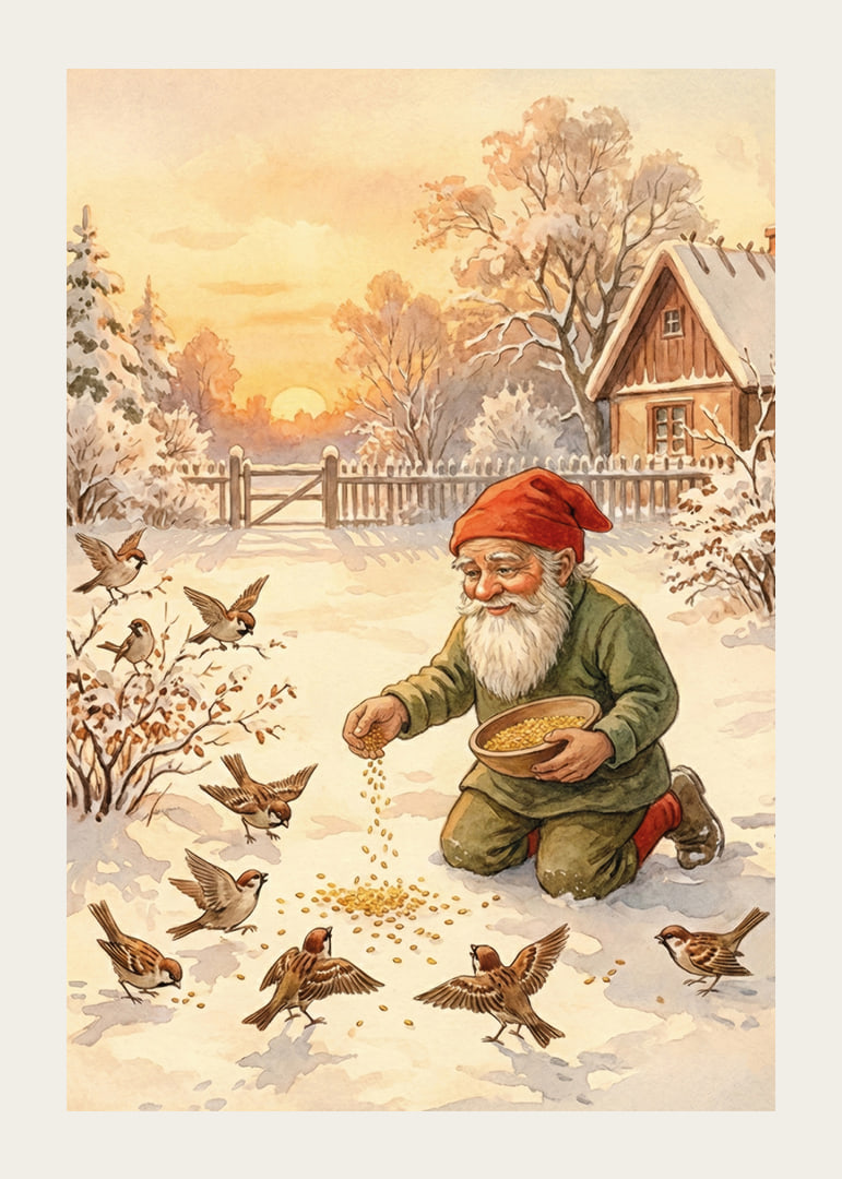 Papá Noel alimenta a los pájaros en un paisaje invernal cubierto de nieve.-12