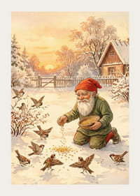 Moș Crăciun hrănește păsările într-un peisaj de iarnă acoperit de zăpadă-3