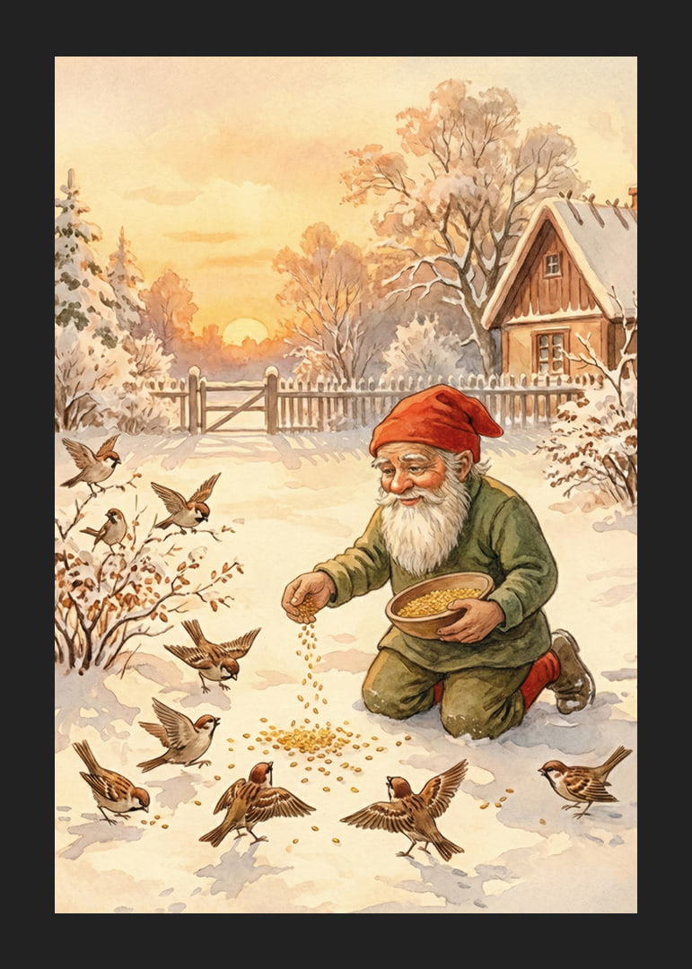 Papá Noel alimenta a los pájaros en un paisaje invernal cubierto de nieve.-12