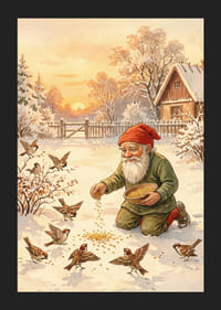 Moș Crăciun hrănește păsările într-un peisaj de iarnă acoperit de zăpadă-5