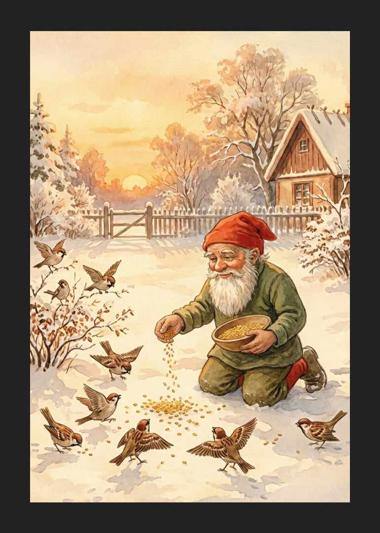 Moș Crăciun hrănește păsările într-un peisaj de iarnă acoperit de zăpadă-12