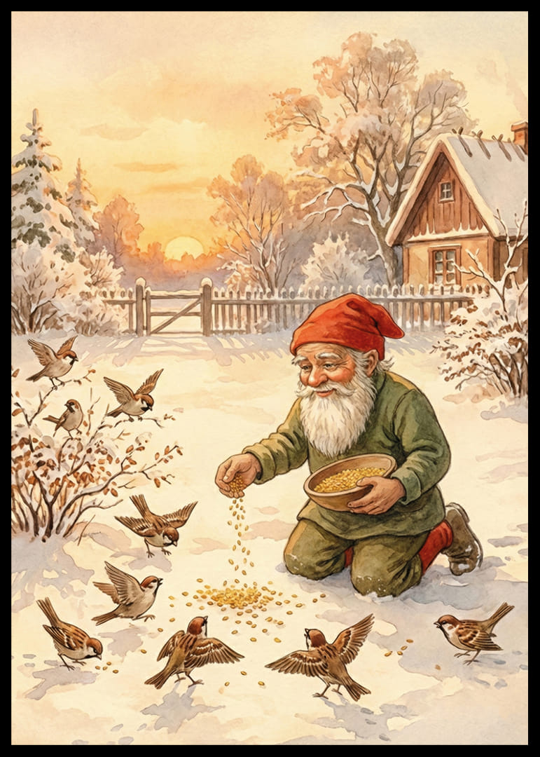 Joulupukki ruokkii lintuja lumipeitteisessä talvimaisemassa-12