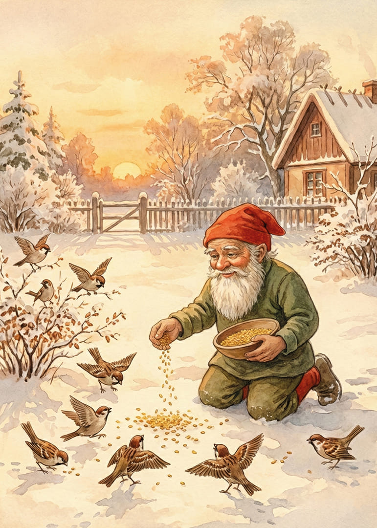 Joulupukki ruokkii lintuja lumipeitteisessä talvimaisemassa-12