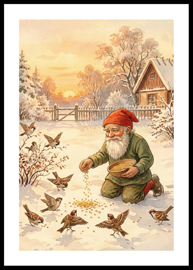 Papá Noel alimenta a los pájaros en un paisaje invernal cubierto de nieve.-12
