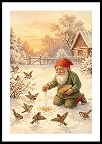 Tomten matar fåglar i ett snötäckt vinterlandskap-0