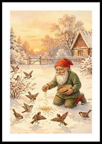 Joulupukki ruokkii lintuja lumipeitteisessä talvimaisemassa-0