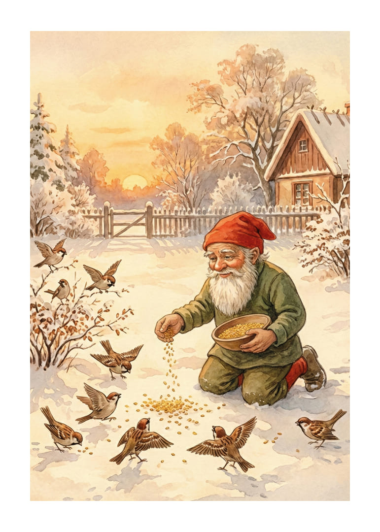 Joulupukki ruokkii lintuja lumipeitteisessä talvimaisemassa-12