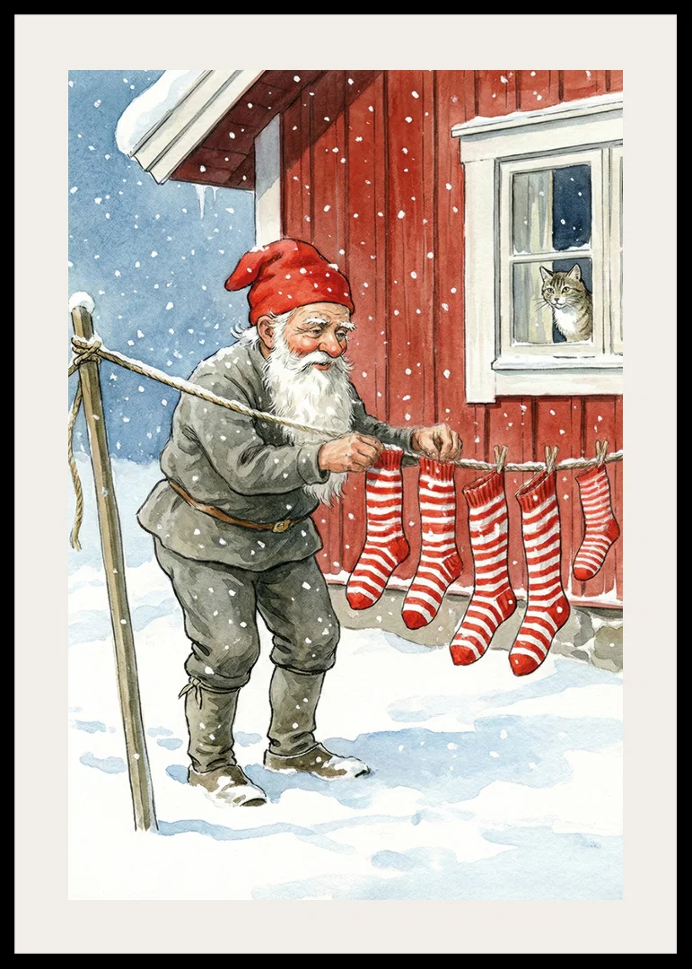 A Santa Claus hangs striped socks in a snowy landscape-12