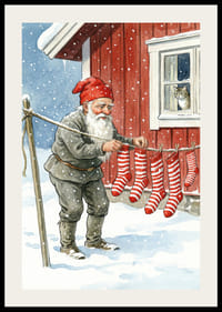 Moș Crăciun agață șosete cu dungi într-un peisaj înzăpezit-2