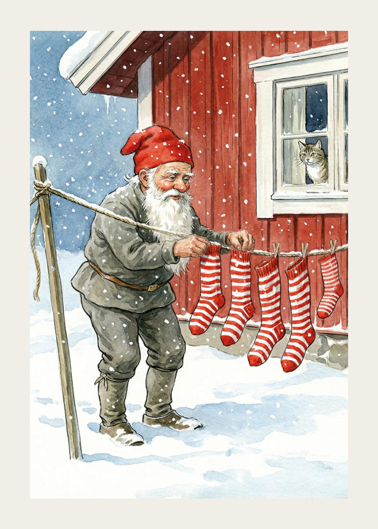 Moș Crăciun agață șosete cu dungi într-un peisaj înzăpezit-12