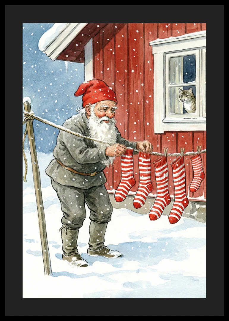A Santa Claus hangs striped socks in a snowy landscape-12