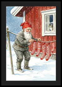 Moș Crăciun agață șosete cu dungi într-un peisaj înzăpezit-4