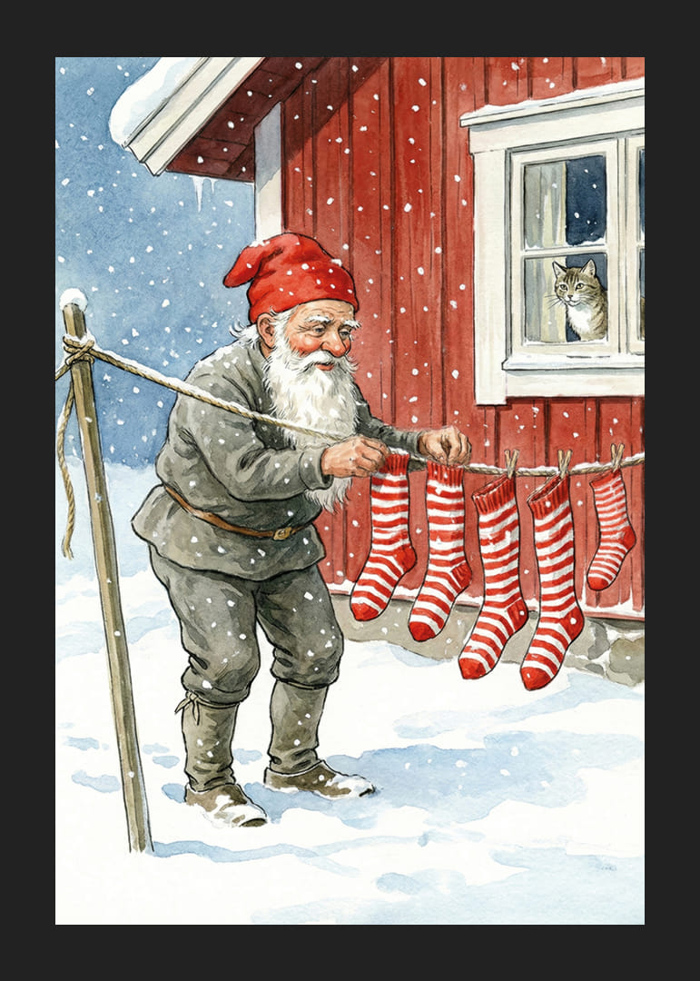 Moș Crăciun agață șosete cu dungi într-un peisaj înzăpezit-12