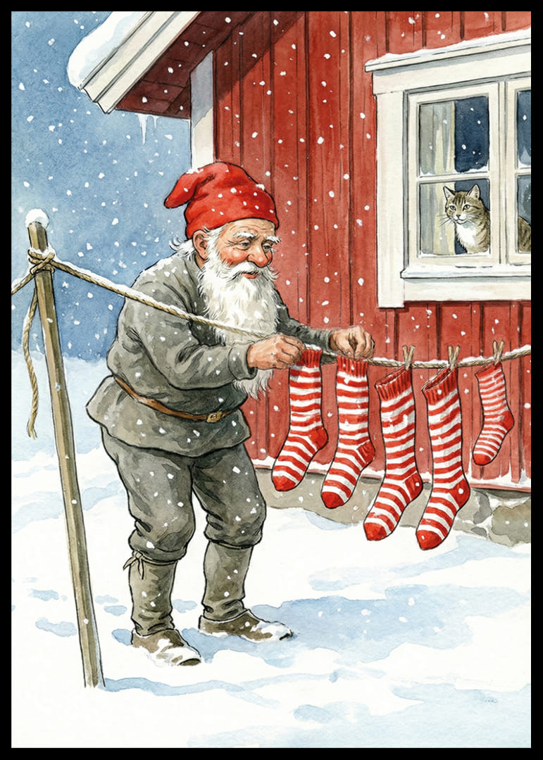 En tomte hänger randiga sockor i ett snölandskap-12