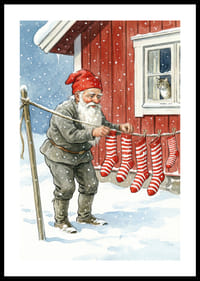 En tomte hänger randiga sockor i ett snölandskap-0