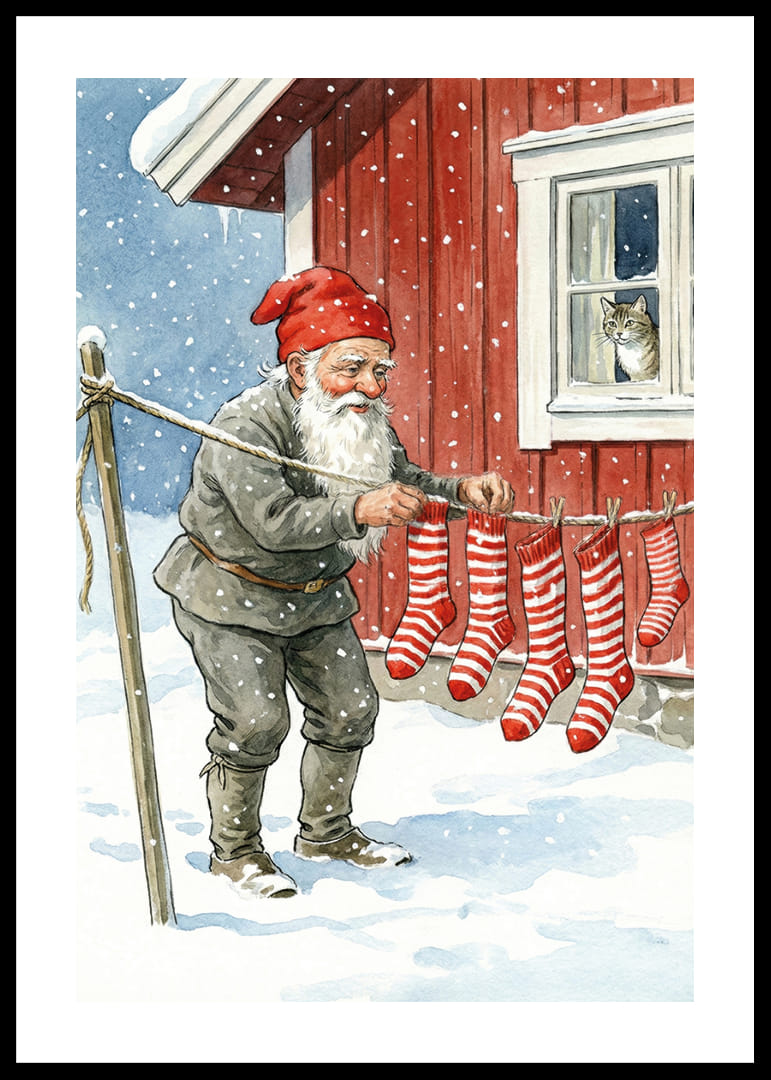 En tomte hänger randiga sockor i ett snölandskap-12