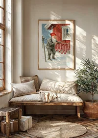 A Santa Claus hangs striped socks in a snowy landscape-8