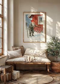 En tomte hänger randiga sockor i ett snölandskap-4