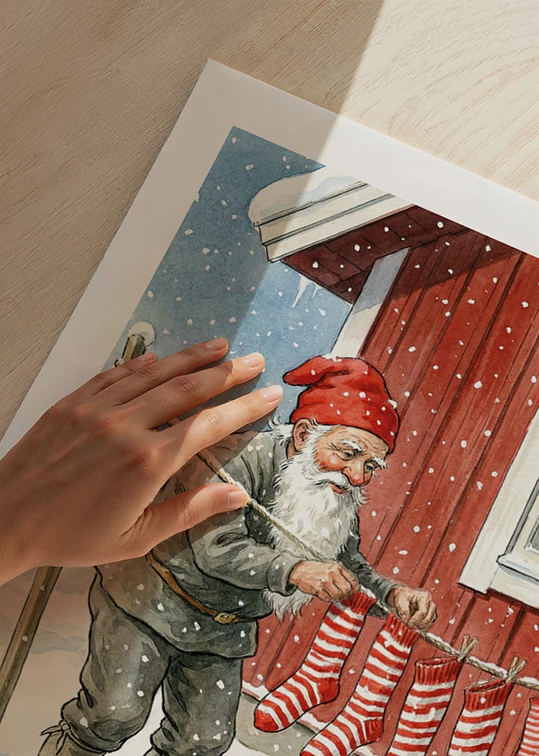 A Santa Claus hangs striped socks in a snowy landscape-12