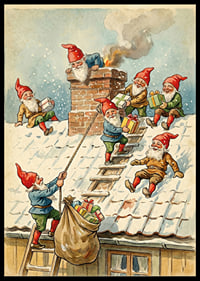 Elves collaborate on a snow-covered roof for Christmas joy and gifts-0