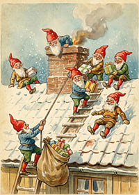 Elves collaborate on a snow-covered roof for Christmas joy and gifts-1
