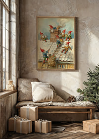 Elves collaborate on a snow-covered roof for Christmas joy and gifts-2