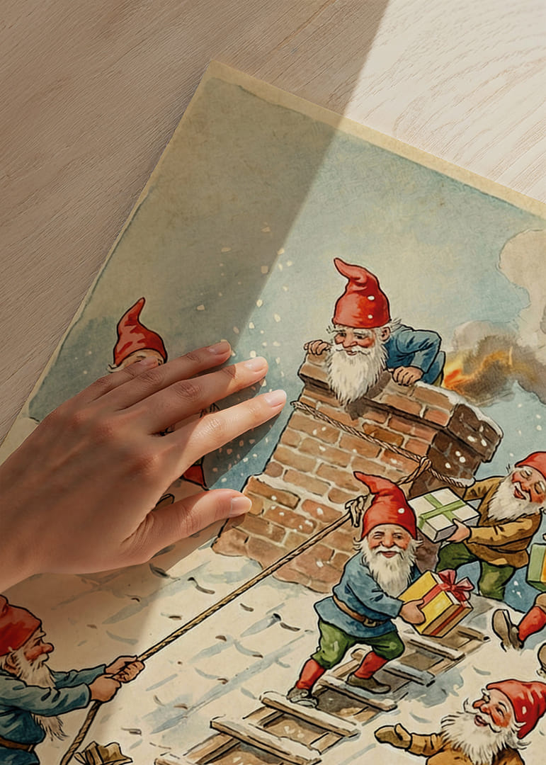 Tontut rakentavat yhdessä lumipeitteistä kattoa jouluiloa ja -lahjoja varten-12