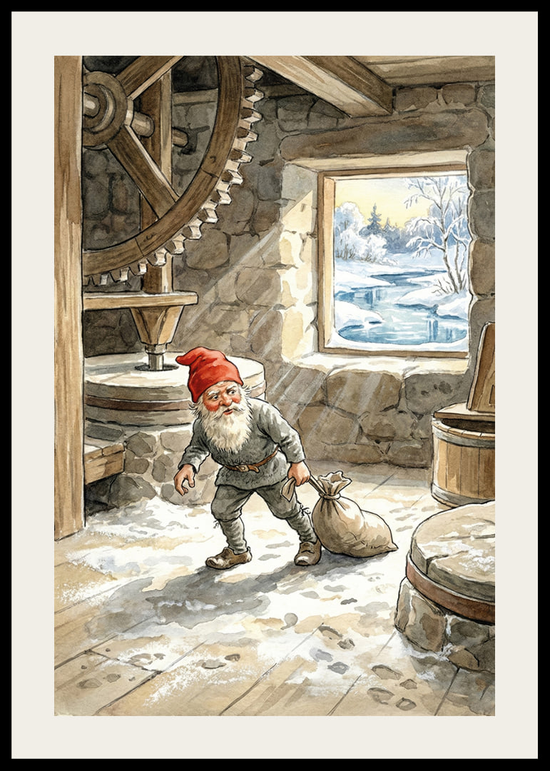 Ein Elf arbeitet im Winter still in einer alten Mühle.-12