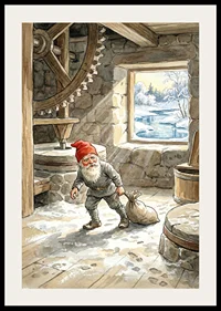 En tomte arbetar stillsamt i en gammal kvarn under vintern-2