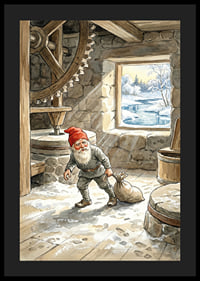 Ein Elf arbeitet im Winter still in einer alten Mühle.-4
