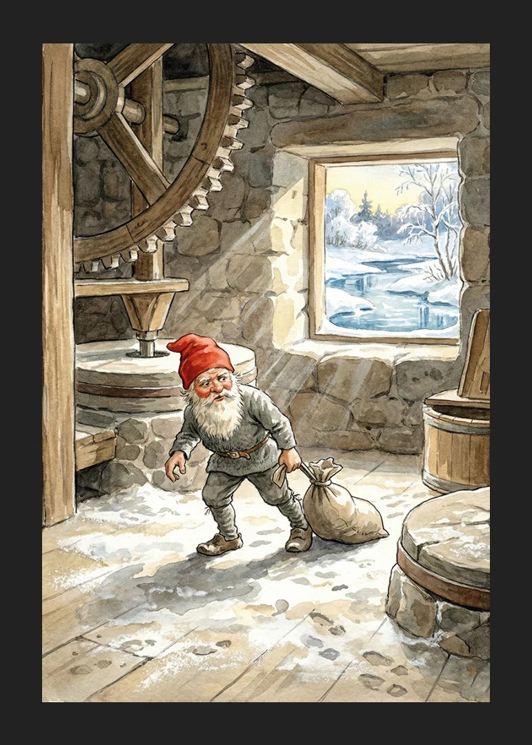 En tomte arbetar stillsamt i en gammal kvarn under vintern-12