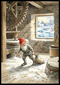 En tomte arbetar stillsamt i en gammal kvarn under vintern-6