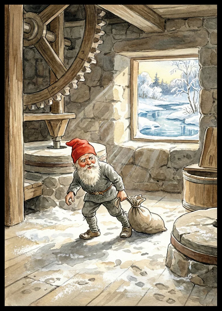 En tomte arbetar stillsamt i en gammal kvarn under vintern-12