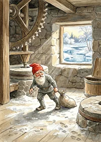 En tomte arbetar stillsamt i en gammal kvarn under vintern-7