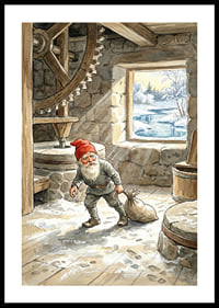 Ein Elf arbeitet im Winter still in einer alten Mühle.-0