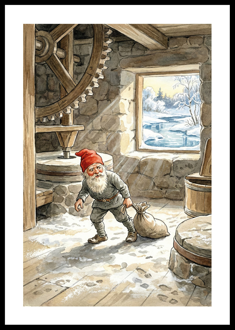 Ein Elf arbeitet im Winter still in einer alten Mühle.-12