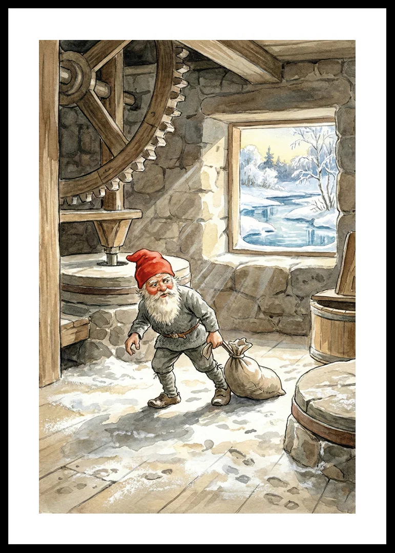 En tomte arbetar stillsamt i en gammal kvarn under vintern-12