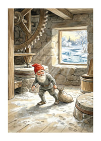 En tomte arbetar stillsamt i en gammal kvarn under vintern-1
