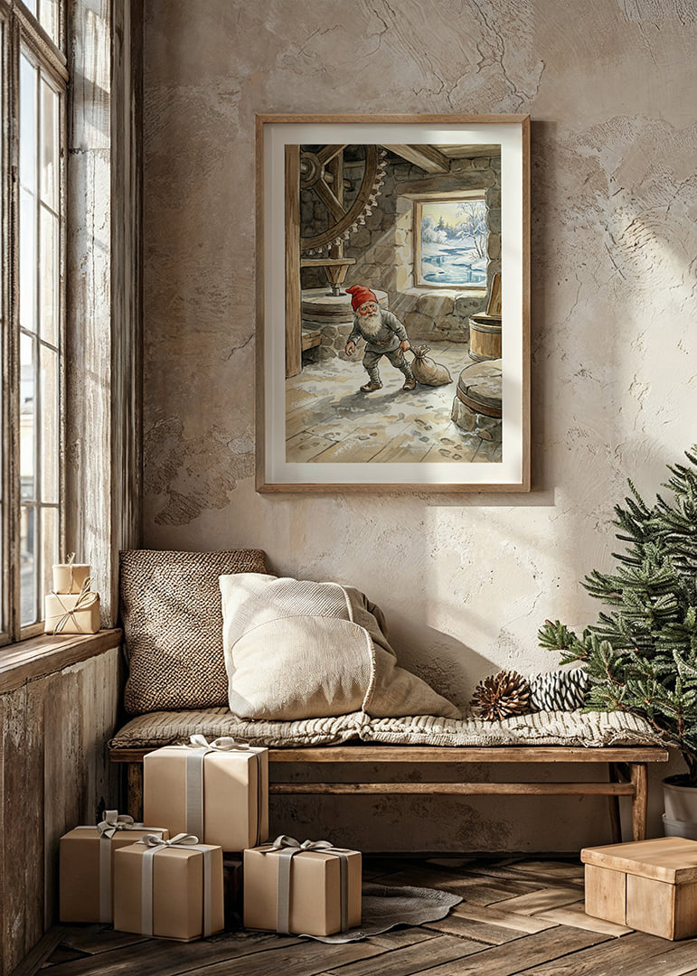 Ein Elf arbeitet im Winter still in einer alten Mühle.-12