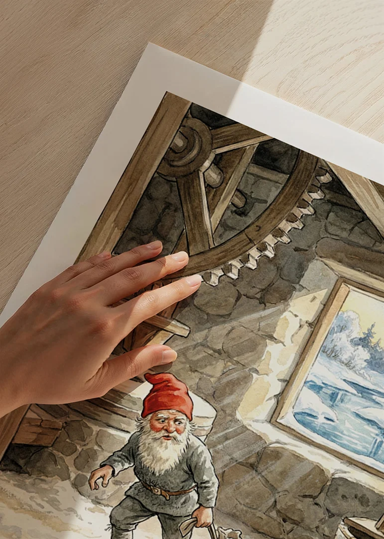 En tomte arbetar stillsamt i en gammal kvarn under vintern-12