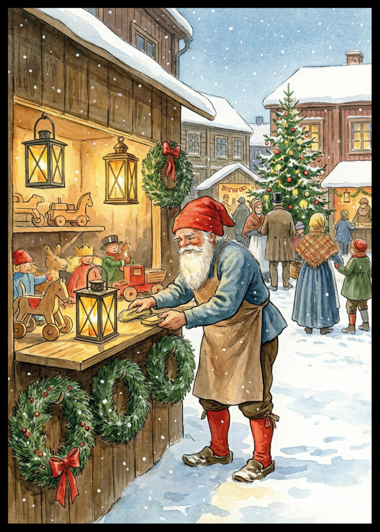 Julidyll med tomte och leksaker under snöig himmel-12