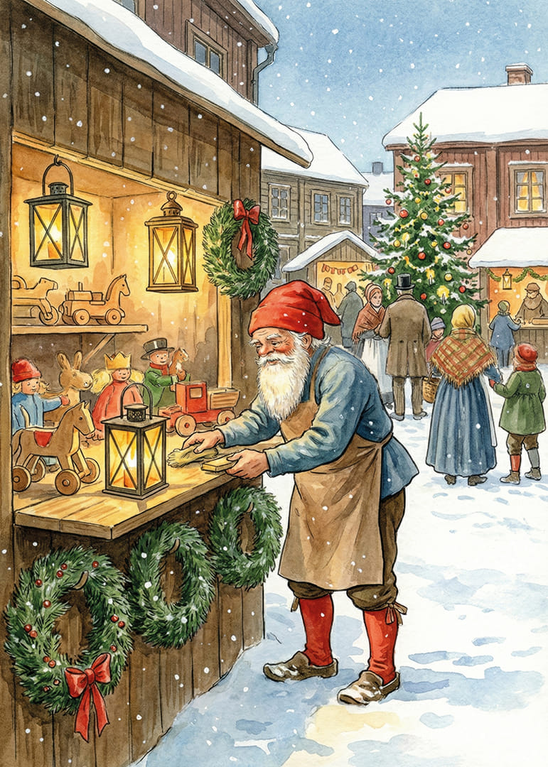 Julidyll med tomte och leksaker under snöig himmel-12